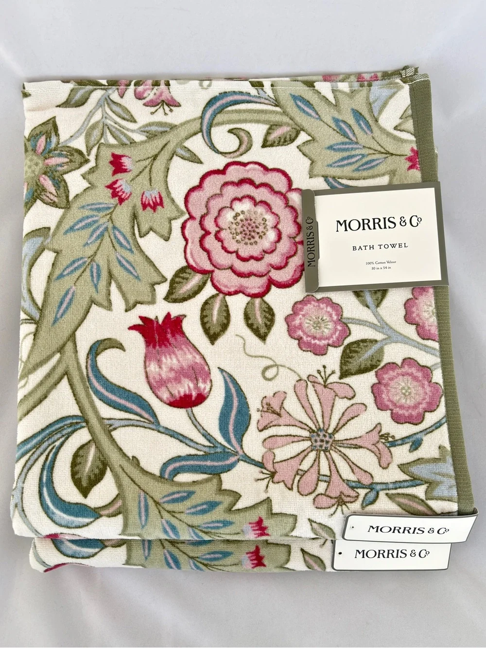 NWT Morris & Co Botanical Cotton Velour Bath Towels Set of 2 Pink Green Floral
